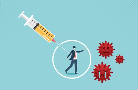 Coronavirus or COVID-19 Vaccine treatment or medicine discovery to save people. Vector illustration cartoon design.のイラスト素材