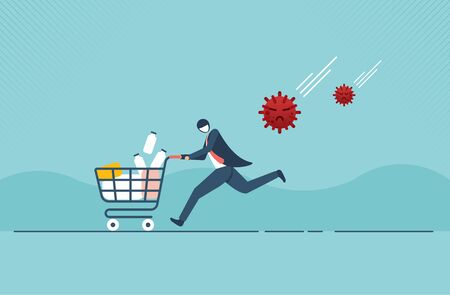 Panic man running in fear with full of consumer goods product, medicine in shopping cart because Coronavirus or COVID-19 outbreak crisis. Vector illustration design.のイラスト素材