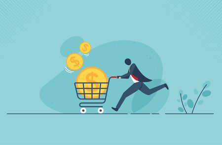 Flat supermarket cart icon with big golden coin money. Vector illustration design.のイラスト素材