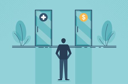 Business vision concept with businessman must choose a door between money and health. Vector illustration cartoon design.のイラスト素材