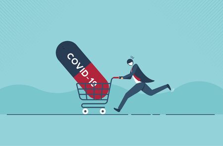 Businessman is running with supermarket cart and medicine for Coronavirus or COVID-19. Vector illustration cartoon design.のイラスト素材