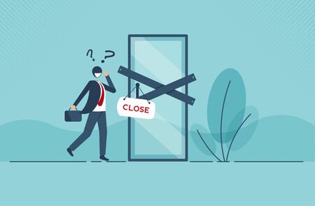 Coronavirus or COVID-19 social distancing impact on entrepreneur or small business shop to closed with problem of employment, sad man business shop owner with closed sign because virus. Vector design.のイラスト素材