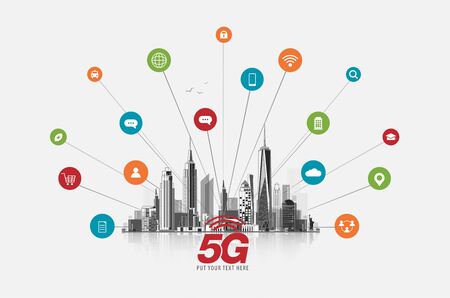 5G network wireless internet Wifi connection. Smart city and communication network concept. High speed, broadband telecommunication. vector designのイラスト素材