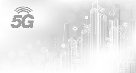 5G network wireless internet Wifi connection. Smart city and communication network concept. High speed, broadband telecommunication. vector designのイラスト素材