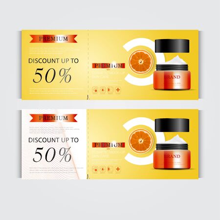 Gift voucher hydrating facial cream for annual sale or festival sale. silver and orange cream mask bottle isolated on glitter particles background. Banner graceful cosmetic ads, illustration.のイラスト素材