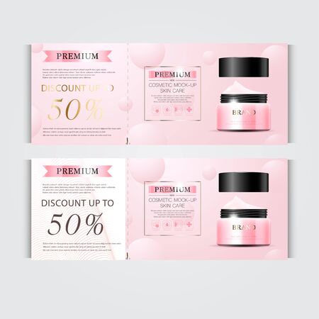 Gift voucher hydrating facial cream for annual sale or festival sale. silver and pink cream mask bottle isolated on glitter particles background. Banner graceful cosmetic ads, illustration.のイラスト素材