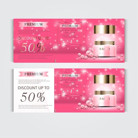 Gift voucher hydrating facial cream for annual sale or festival sale. pink and gold cream mask bottle isolated on glitter particles background. Banner graceful cosmetic ads, illustration.のイラスト素材