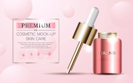 Hydrating facial serum for annual sale or festival sale. pink and gold serum mask bottle isolated on glitter particles background. Graceful cosmetic ads, illustration.のイラスト素材