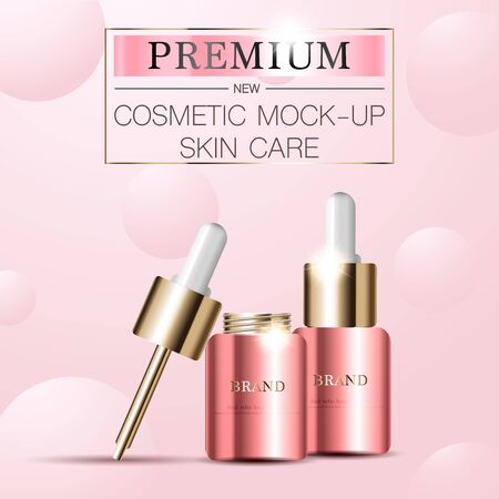 Hydrating facial serum for annual sale or festival sale. pink and gold serum mask bottle isolated on glitter particles background. Graceful cosmetic ads, illustration.のイラスト素材