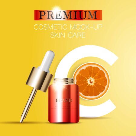 Hydrating facial serum for annual sale or festival sale. orange and gold serum mask bottle isolated on glitter particles background. Graceful cosmetic ads, illustration.のイラスト素材