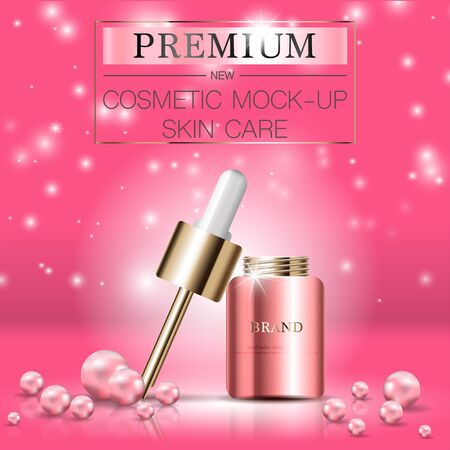 Hydrating facial pearl serum for annual sale or festival sale. pink and gold serum mask bottle isolated on glitter particles background. Graceful cosmetic ads, illustration.のイラスト素材
