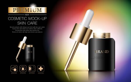 Hydrating facial serum for annual sale or festival sale. black and gold serum mask bottle isolated on glitter particles background. Graceful cosmetic ads, illustration.のイラスト素材