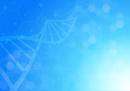 DNA spiral molecule. Abstract polygonal wireframe DNA molecule helix spiral. Medical science, genetic biotechnology, chemistry biology, gene cell concept vector design.のイラスト素材