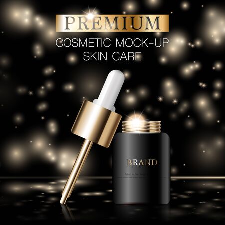 Hydrating facial serum for annual sale or festival sale. black and gold serum mask bottle isolated on glitter particles background. Graceful cosmetic ads, illustration.のイラスト素材