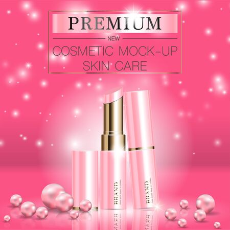 Hydrating facial lipstick pearl for annual sale or festival sale. pink and gold lipstick mask bottle isolated on glitter particles background. Graceful cosmetic ads, illustration.のイラスト素材
