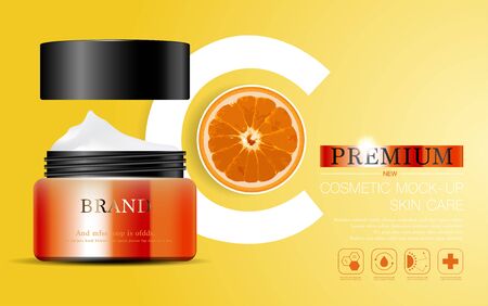 Hydrating facial cream for annual sale or festival sale. silver and orange cream mask bottle isolated on glitter particles background. Graceful cosmetic ads, illustration.のイラスト素材