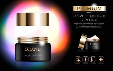 Hydrating facial cream for annual sale or festival sale. Black and gold cream mask bottle isolated on glitter particles background. Graceful cosmetic ads, illustration.のイラスト素材