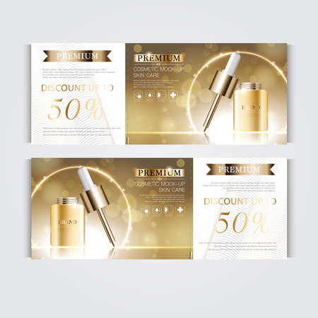 Gift voucher hydrating facial serum for annual sale or festival sale. silver and gold serum mask bottle isolated on glitter particles background. Banner graceful cosmetic ads, illustration.のイラスト素材