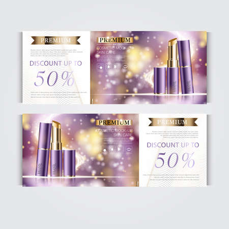 Gift voucher hydrating facial lipstick for annual sale or festival sale. purple and gold lipstick mask bottle isolated on glitter particles background. Banner graceful cosmetic ads, illustration.のイラスト素材