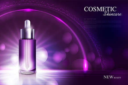 cosmetic product poster, bottle package design with moisturizer cream or liquid, sparkling background with glitter polka, vector design.のイラスト素材