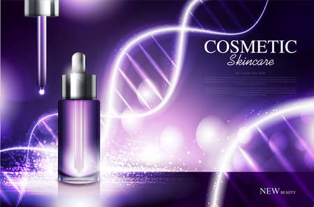cosmetic product poster, bottle package design with moisturizer cream or liquid, sparkling background with glitter polka, vector design.のイラスト素材