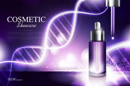 cosmetic product poster, bottle package design with moisturizer cream or liquid, sparkling background with glitter polka, vector design.のイラスト素材