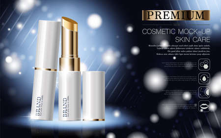 Hydrating facial lipstick for annual sale or festival sale. white and gold lipstick mask bottle isolated on glitter particles background for product presentation. Graceful cosmetic ads, Vector illustration.のイラスト素材