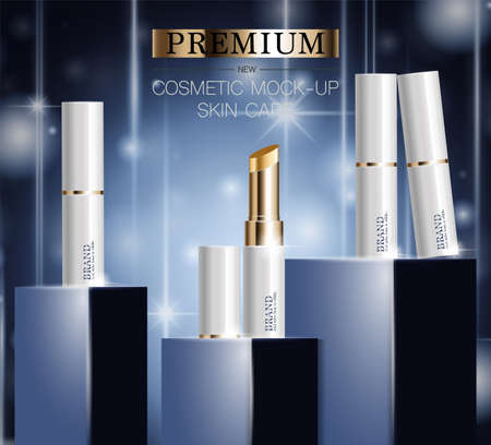 Hydrating facial lipstick for annual sale or festival sale. white and gold lipstick mask bottle isolated on glitter particles background for product presentation. Graceful cosmetic ads, Vector illustration.のイラスト素材