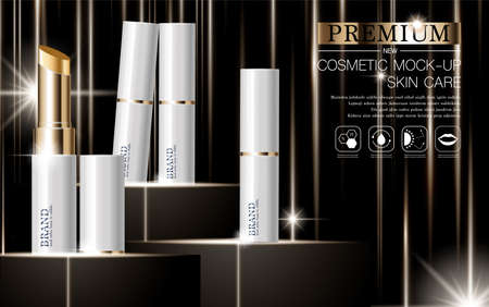 Hydrating facial lipstick for annual sale or festival sale. white and gold lipstick mask bottle isolated on glitter particles background for product presentation. Graceful cosmetic ads, Vector illustration.のイラスト素材