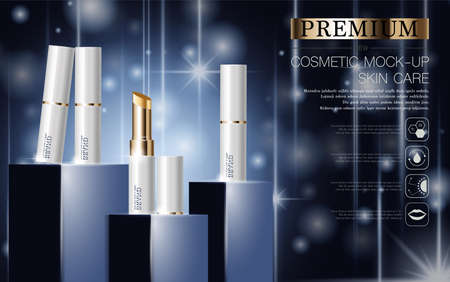 Hydrating facial lipstick for annual sale or festival sale. white and gold lipstick mask bottle isolated on glitter particles background for product presentation. Graceful cosmetic ads, Vector illustration.のイラスト素材