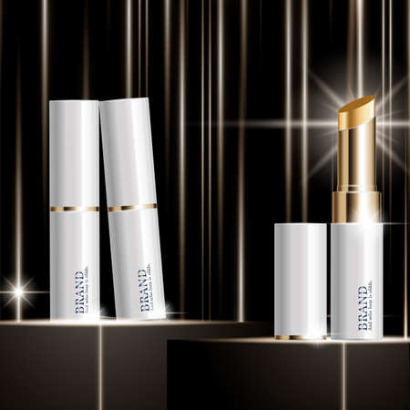 Hydrating facial lipstick for annual sale or festival sale. white and gold lipstick mask bottle isolated on glitter particles background for product presentation. Graceful cosmetic ads, Vector illustration.のイラスト素材