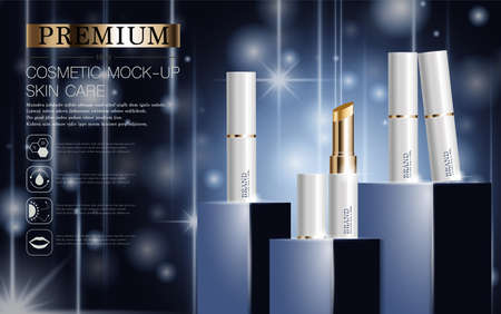 Hydrating facial lipstick for annual sale or festival sale. white and gold lipstick mask bottle isolated on glitter particles background for product presentation. Graceful cosmetic ads, Vector illustration.のイラスト素材