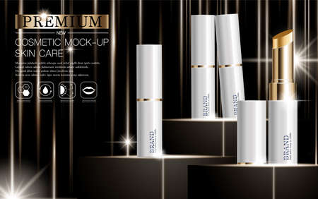 Hydrating facial lipstick for annual sale or festival sale. white and gold lipstick mask bottle isolated on glitter particles background for product presentation. Graceful cosmetic ads, Vector illustration.のイラスト素材