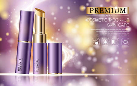 Hydrating facial lipstick for annual sale or festival sale. purple and gold lipstick mask bottle isolated on glitter particles background for product presentation. Graceful cosmetic ads, Vector illustration.のイラスト素材