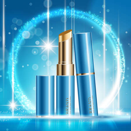 Hydrating facial lipstick for annual sale or festival sale. blue and gold lipstick mask bottle isolated on glitter particles background for product presentation. Graceful cosmetic ads, Vector illustration.のイラスト素材