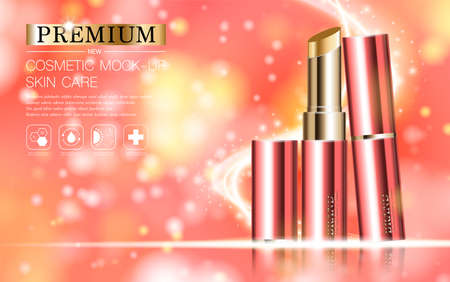 Hydrating facial lipstick for annual sale or festival sale. red and gold lipstick mask bottle isolated on glitter particles background for product presentation. Graceful cosmetic ads, Vector illustration.のイラスト素材
