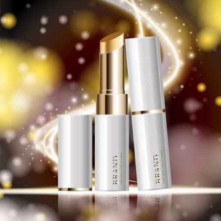 Hydrating facial lipstick for annual sale or festival sale. white and gold lipstick mask bottle isolated on glitter particles background for product presentation. Graceful cosmetic ads, Vector illustration.のイラスト素材