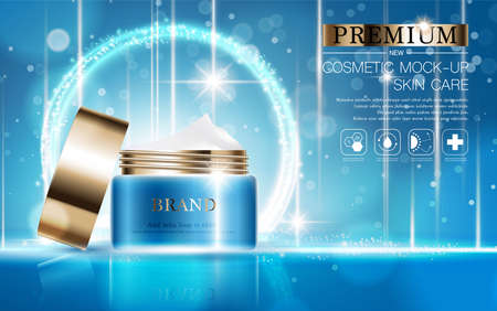 Hydrating facial cream for annual sale or festival sale. silver and gold cream mask bottle isolated on glitter particles background. Graceful cosmetic ads, illustration.のイラスト素材