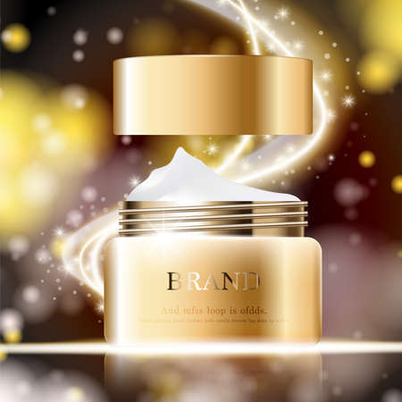 Hydrating facial cream for annual sale or festival sale. silver and gold cream mask bottle isolated on glitter particles background. Graceful cosmetic ads, illustration.のイラスト素材