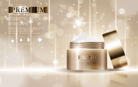 Hydrating facial cream for annual sale or festival sale. silver and gold cream mask bottle isolated on glitter particles background. Graceful cosmetic ads, illustration.のイラスト素材