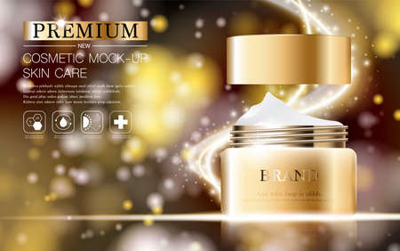 Hydrating facial cream for annual sale or festival sale. silver and gold cream mask bottle isolated on glitter particles background. Graceful cosmetic ads, illustration.のイラスト素材