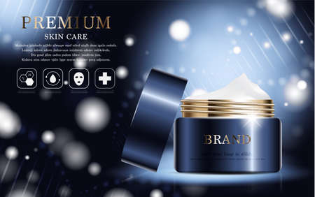 Hydrating facial cream for annual sale or festival sale. silver and gold cream mask bottle isolated on glitter particles background. Graceful cosmetic ads, illustration.のイラスト素材