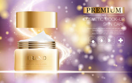 Hydrating facial cream for annual sale or festival sale. silver and gold cream mask bottle isolated on glitter particles background. Graceful cosmetic ads, illustration.のイラスト素材