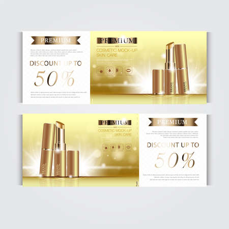 Gift voucher hydrating facial lipstick for annual sale or festival sale. silver and gold lipstick mask bottle isolated on glitter particles background. Banner graceful cosmetic ads, illustration.のイラスト素材