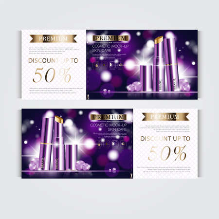 Gift voucher hydrating facial lipstick for annual sale or festival sale. silver and gold lipstick mask bottle isolated on glitter particles background. Banner graceful cosmetic ads, illustration.のイラスト素材