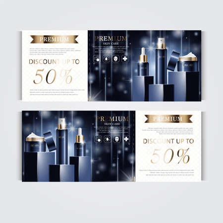 Gift voucher hydrating facial cream for annual sale or festival sale. silver and gold cream mask bottle isolated on glitter particles background. Banner graceful cosmetic ads, illustration.のイラスト素材
