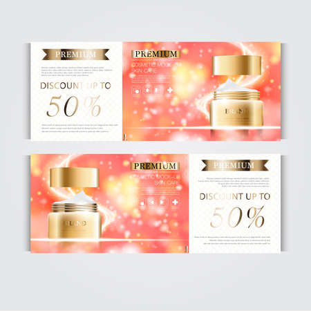 Gift voucher hydrating facial cream for annual sale or festival sale. silver and gold cream mask bottle isolated on glitter particles background. Banner graceful cosmetic ads, illustration.のイラスト素材