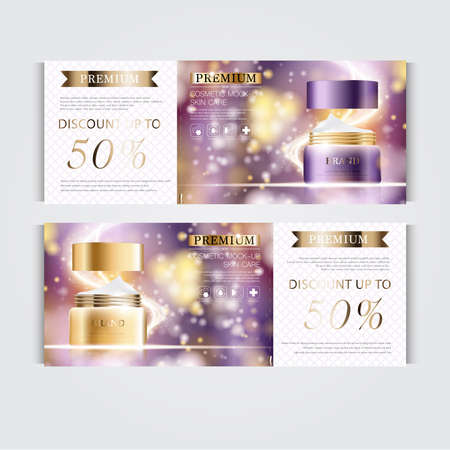 Gift voucher hydrating facial cream for annual sale or festival sale. silver and gold cream mask bottle isolated on glitter particles background. Banner graceful cosmetic ads, illustration.のイラスト素材