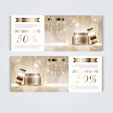 Gift voucher hydrating facial cream for annual sale or festival sale. silver and gold cream mask bottle isolated on glitter particles background. Banner graceful cosmetic ads, illustration.のイラスト素材