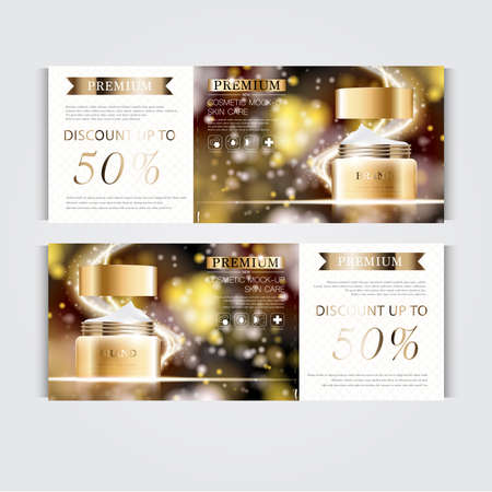 Gift voucher hydrating facial cream for annual sale or festival sale. silver and gold cream mask bottle isolated on glitter particles background. Banner graceful cosmetic ads, illustration.のイラスト素材